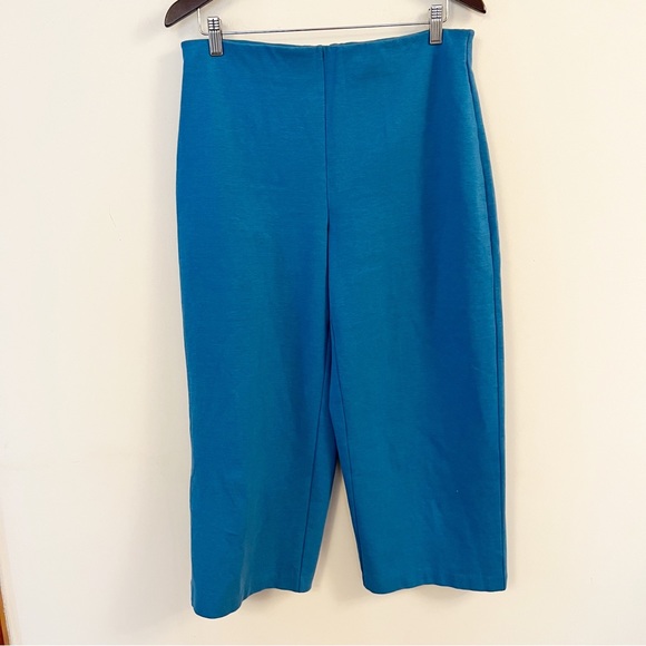 kettlewell Pants - Kettlewell Teal Blue Knit Cropped Wide Leg Pull on Stretch Waist Pants Size L
